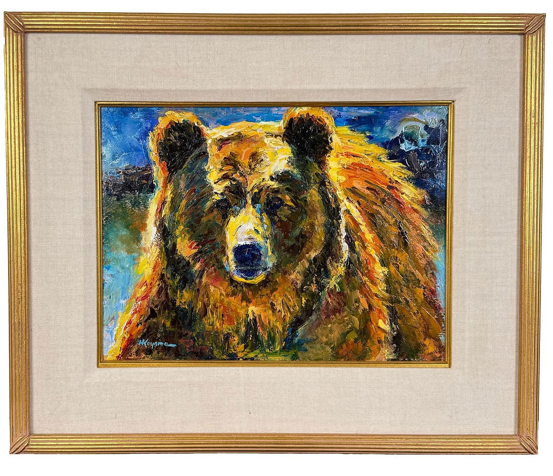Harry Koyama Young Grizzly Painting: Title is Young Grizzly. 2005. 12" by 16" unframed, 19 1/2" by 23 1/2" framed. Oil on board. Harry Koyama, 20/21st century. Known for: Impressionist painting. Harry Koyama, lifelong resident of Montana