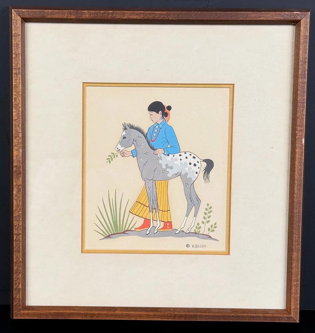 Harrison Begay Serigraph Silkscreen Print: 5" by 6" unframed, 10 7/8" by 11 7/8" framed.