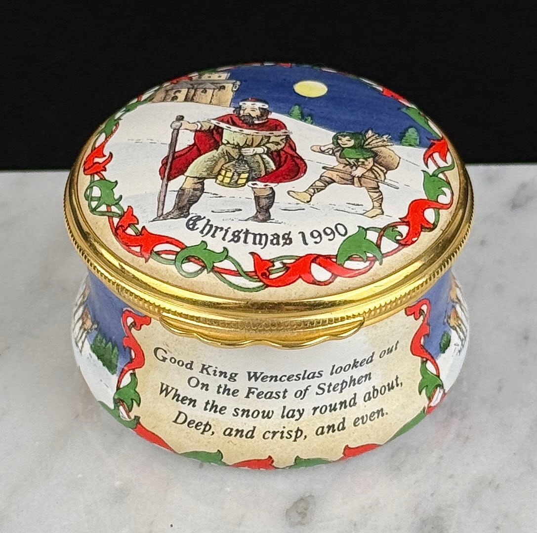 Halcyon Days Enamel Christmas 1990 Trinket Box: 1" by 1 5/8".