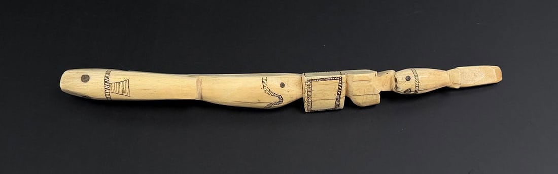 Alaskan Inuit Eskimo Carved Ivory Scrimshaw Handle: 6 3/4" long. Native made prior to 1972. This item cannot be shipped to Oregon, California, Hawaii, New York, New Jersey, Internationally, or any other state that prohibits.