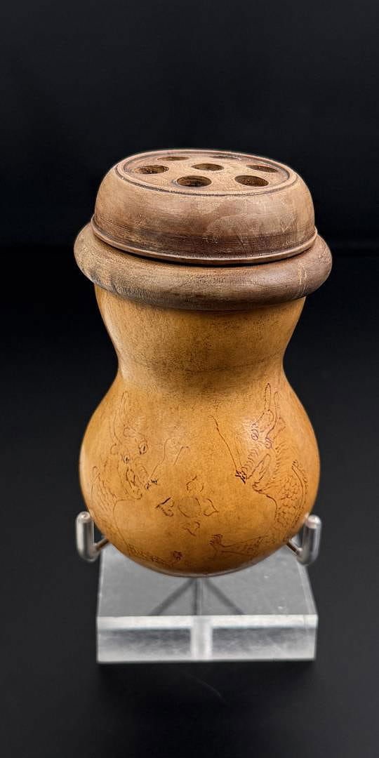 Antique Chinese Gourd Engraved Cricket Cage: Measures 4" by 2 1/2" by 2 1/2".