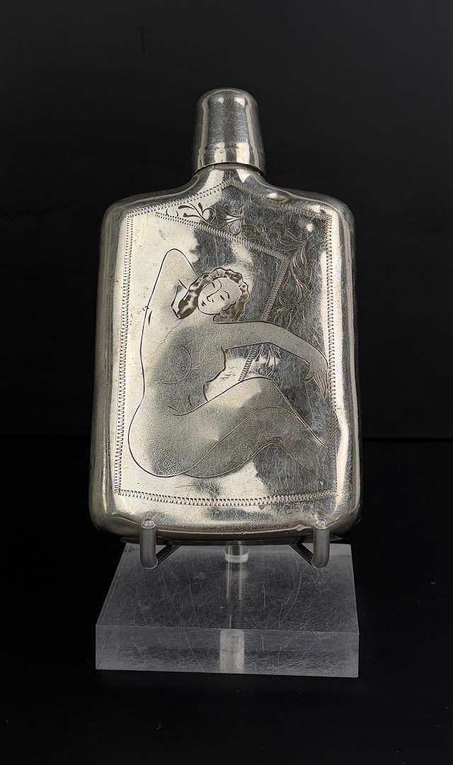 Montana Cowboy Saloon Nude Engraved Whiskey Flask: Measures 6" tall.