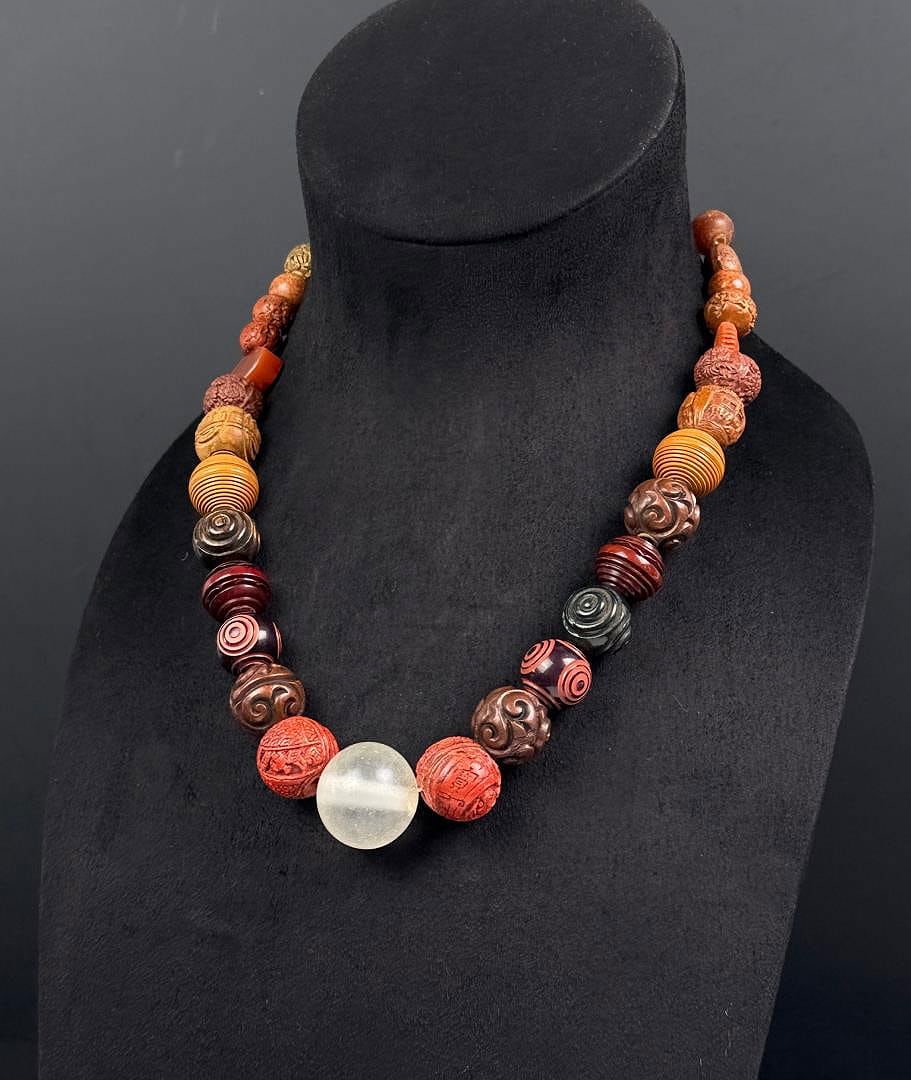 Meiji Japanese Ojime Bead Necklace: 10 7/8" long as displayed.