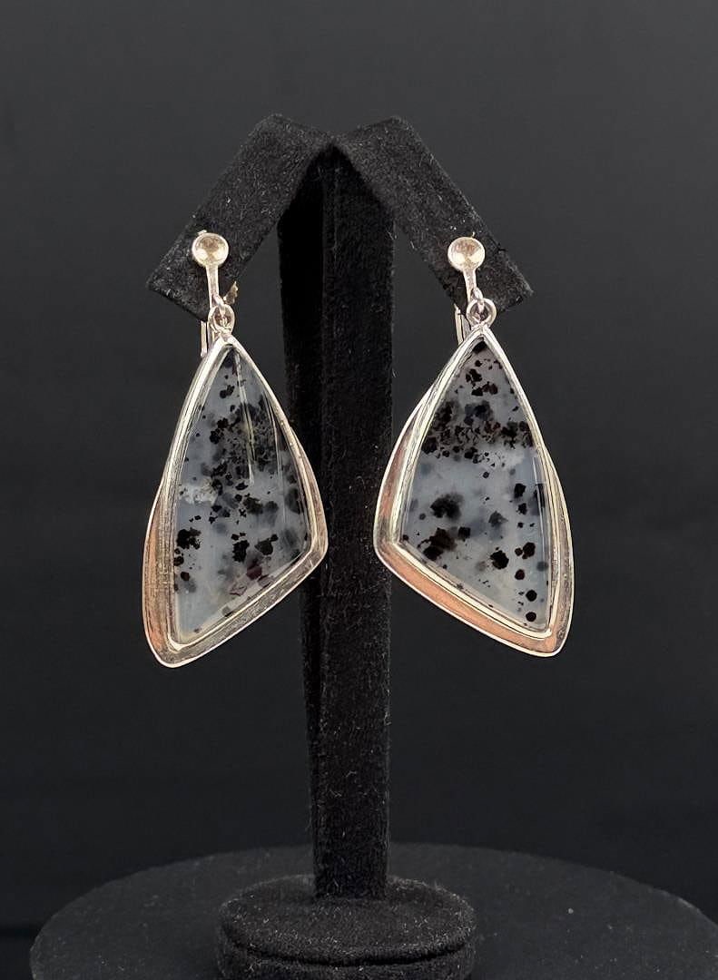 Dendritic Agate Sterling Silver Earrings: 12.4 grams, 2 1/4" long.