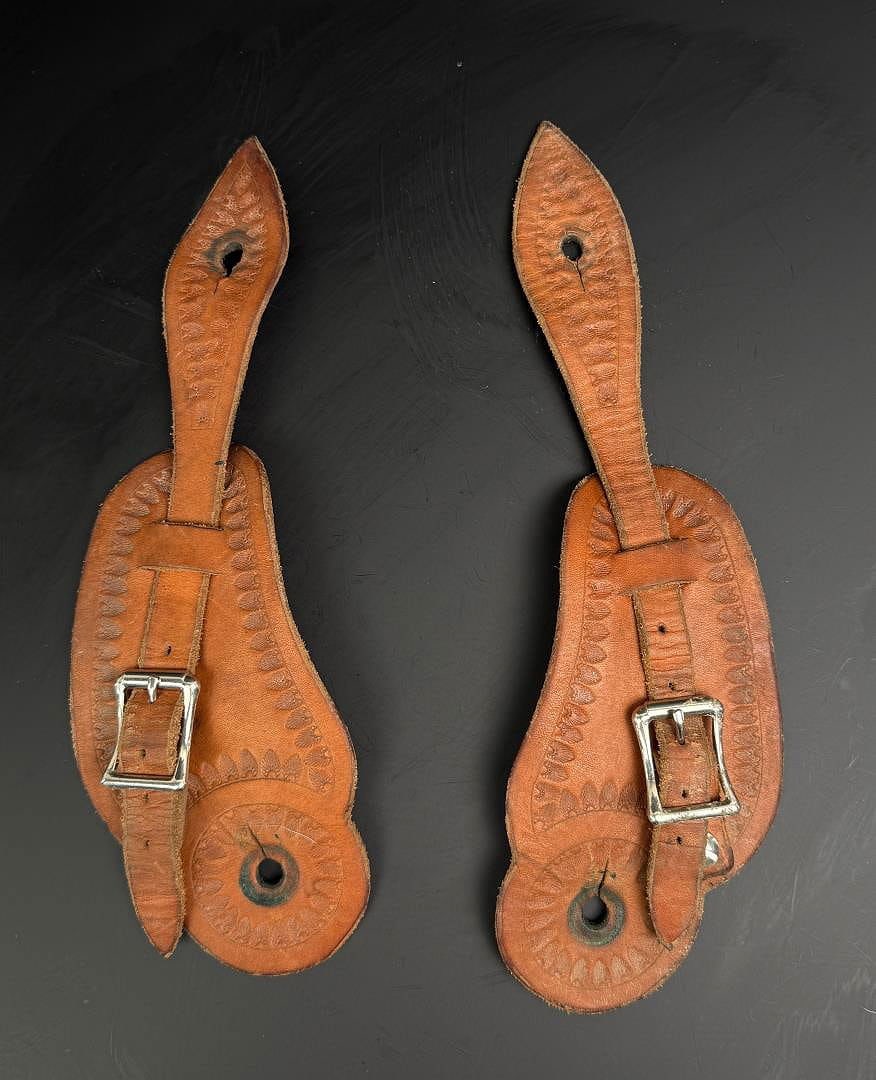 Pair of Tooled Leather Cowboy Spur Straps: Measures 10" long open