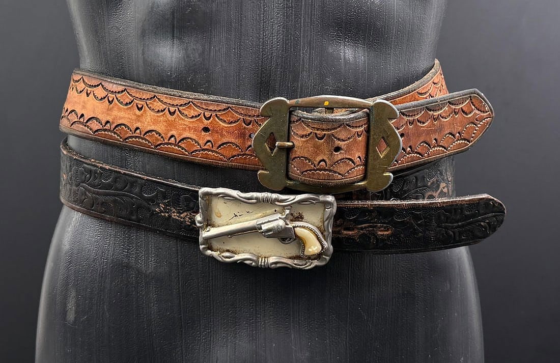 Lot of Vintage Montana Cowboy Tooled Leather Belts: Both Size 38
