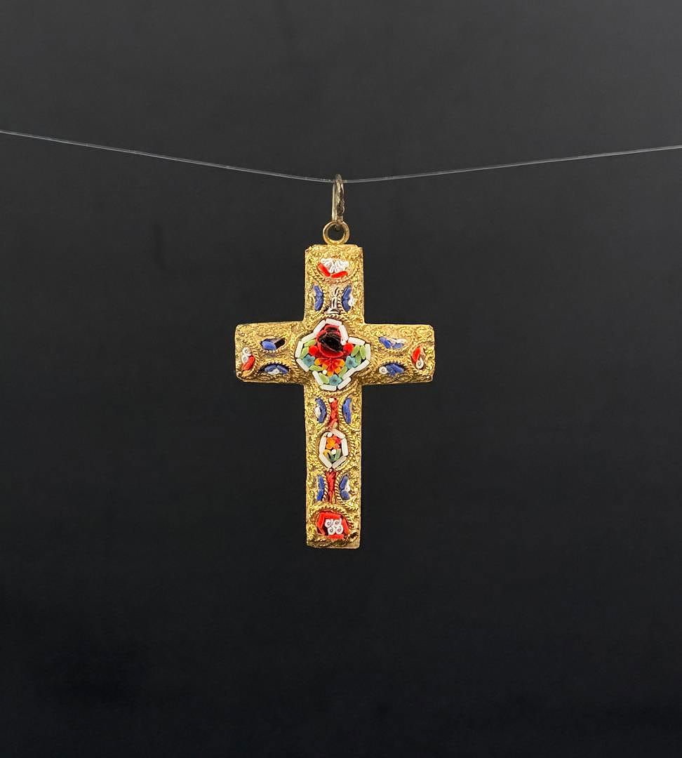 Italian Micro Mosaic Cross Pendant: 1" by 1 3/4"