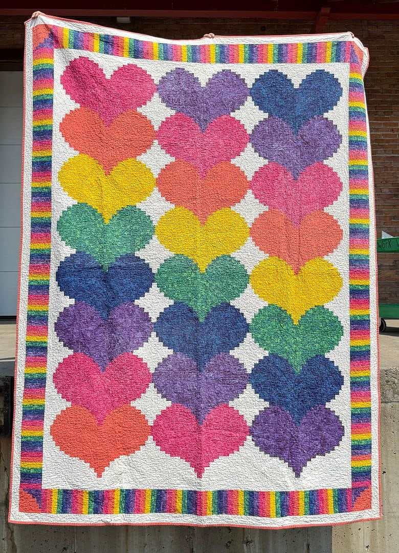 Rainbow Heart Patch Quilt: 71 1/2" by 95 1/4".