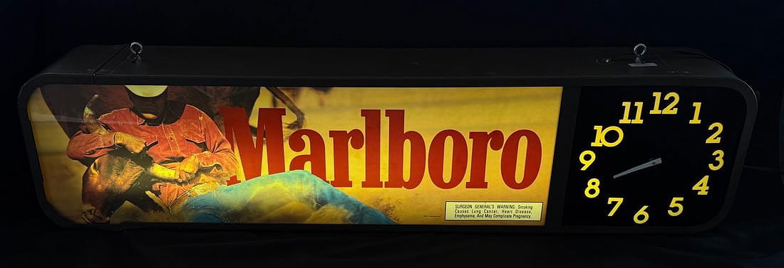 1995 Marlboro Cigarettes Lighted Clock Sign: Both clocks work. 8" by 54".