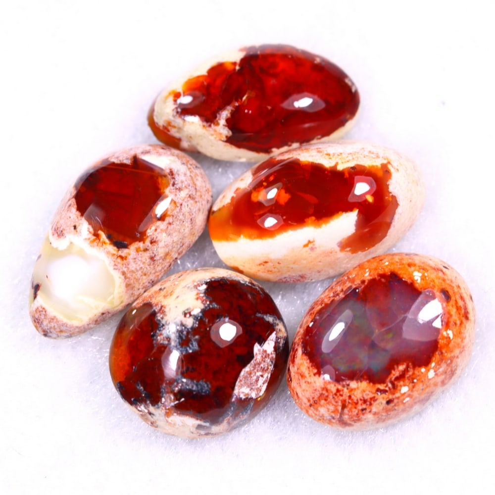 13.75Ct Group of 5 Mexican Fire Opal - Mexican Opal - Cabochon: Ksmith Jewels Global Welcome to our auction house, today auction brought to you by Ksmith Jewels Global based in Penang, Malaysia specialize in all kinds of opal and color gemstone both in manufacturi