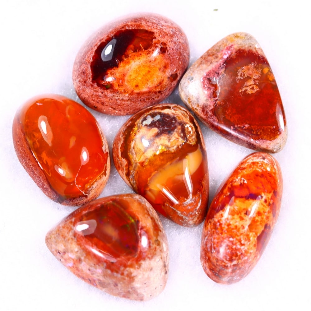 40Ct Group of 6 Mexican Fire Opal - Mexican Opal - Cabochon: Ksmith Jewels Global Welcome to our auction house, today auction brought to you by Ksmith Jewels Global based in Penang, Malaysia specialize in all kinds of opal and color gemstone both in manufacturi