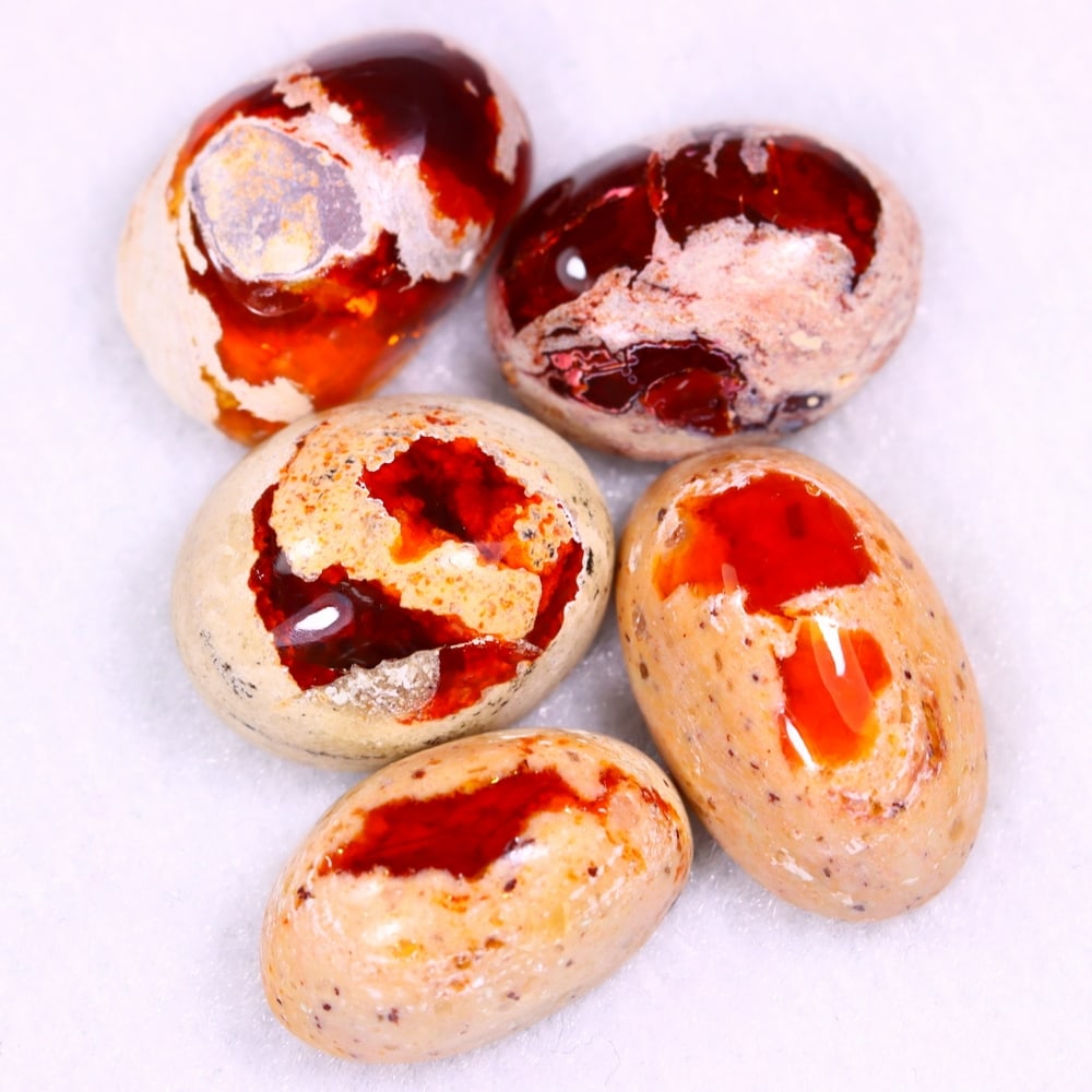 41.63Ct Group of 5 Mexican Fire Opal - Mexican Opal - Cabochon: Ksmith Jewels Global Welcome to our auction house, today auction brought to you by Ksmith Jewels Global based in Penang, Malaysia specialize in all kinds of opal and color gemstone both in manufacturi