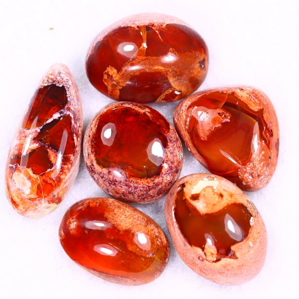 33.07Ct Group of 6 Mexican Fire Opal - Mexican Opal - Cabochon: Ksmith Jewels Global Welcome to our auction house, today auction brought to you by Ksmith Jewels Global based in Penang, Malaysia specialize in all kinds of opal and color gemstone both in manufacturi