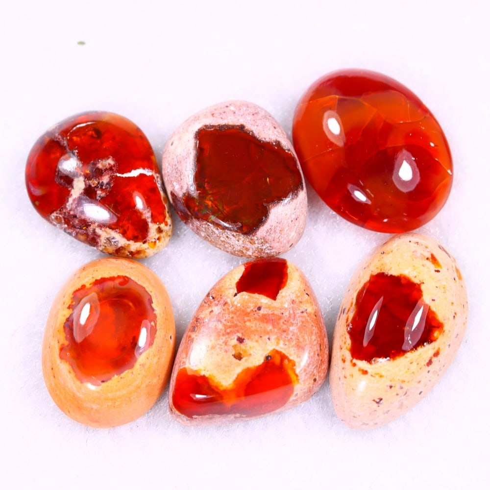 22.25Ct Group of 6 Mexican Fire Opal - Mexican Opal - Cabochon: Ksmith Jewels Global Welcome to our auction house, today auction brought to you by Ksmith Jewels Global based in Penang, Malaysia specialize in all kinds of opal and color gemstone both in manufacturi