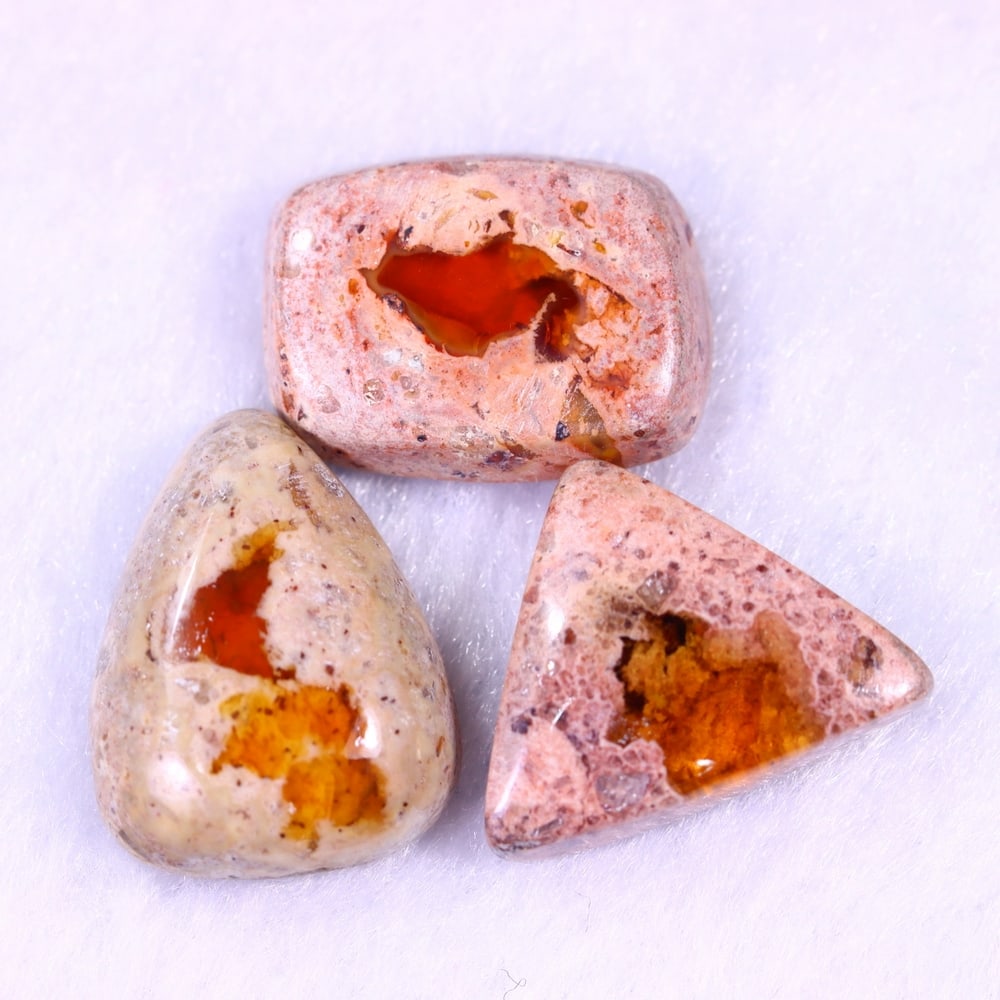 19.43Ct Group of 3 Mexican Fire Opal - Mexican Opal - Cabochon: Ksmith Jewels Global Welcome to our auction house, today auction brought to you by Ksmith Jewels Global based in Penang, Malaysia specialize in all kinds of opal and color gemstone both in manufacturi
