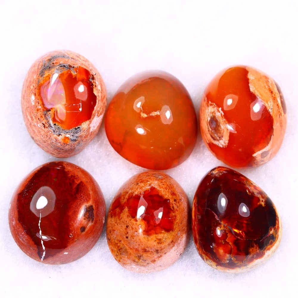 32.71Ct Group of 6 Mexican Fire Opal - Mexican Opal - Cabochon: Ksmith Jewels Global Welcome to our auction house, today auction brought to you by Ksmith Jewels Global based in Penang, Malaysia specialize in all kinds of opal and color gemstone both in manufacturi