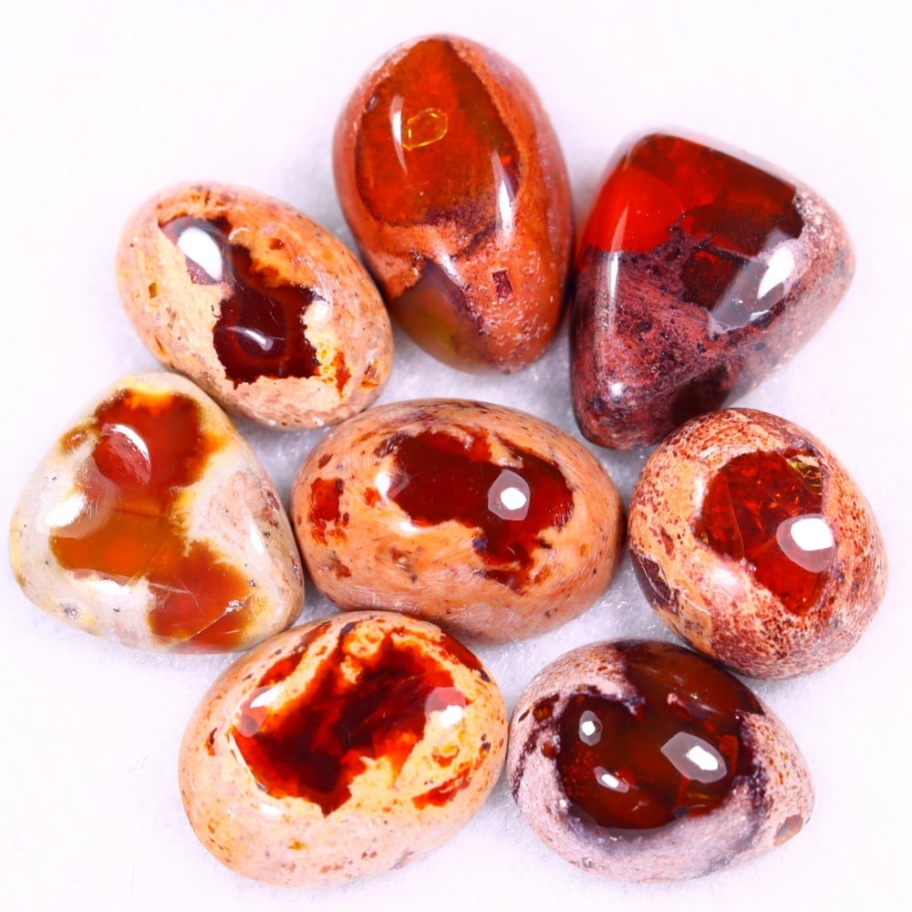 36.05Ct Group of 8 Mexican Fire Opal - Mexican Opal - Cabochon: Ksmith Jewels Global Welcome to our auction house, today auction brought to you by Ksmith Jewels Global based in Penang, Malaysia specialize in all kinds of opal and color gemstone both in manufacturi