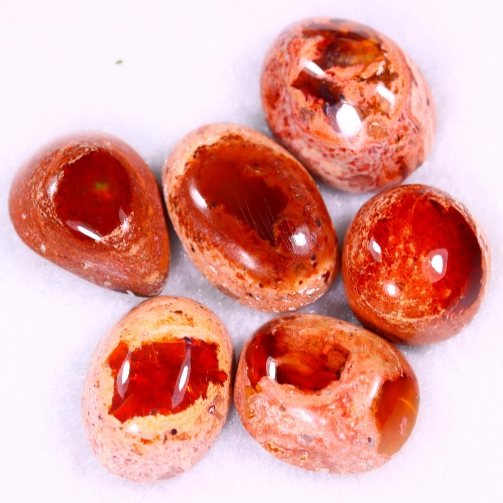 33.10Ct Group of 6 Mexican Fire Opal - Mexican Opal - Cabochon: Ksmith Jewels Global Welcome to our auction house, today auction brought to you by Ksmith Jewels Global based in Penang, Malaysia specialize in all kinds of opal and color gemstone both in manufacturi