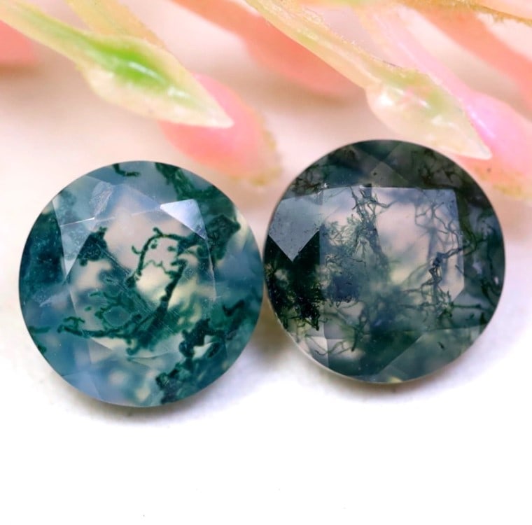 1.55Ct Natural Green Moss Agate - India Gemstone - Round Faceted Pair (1 of 2)