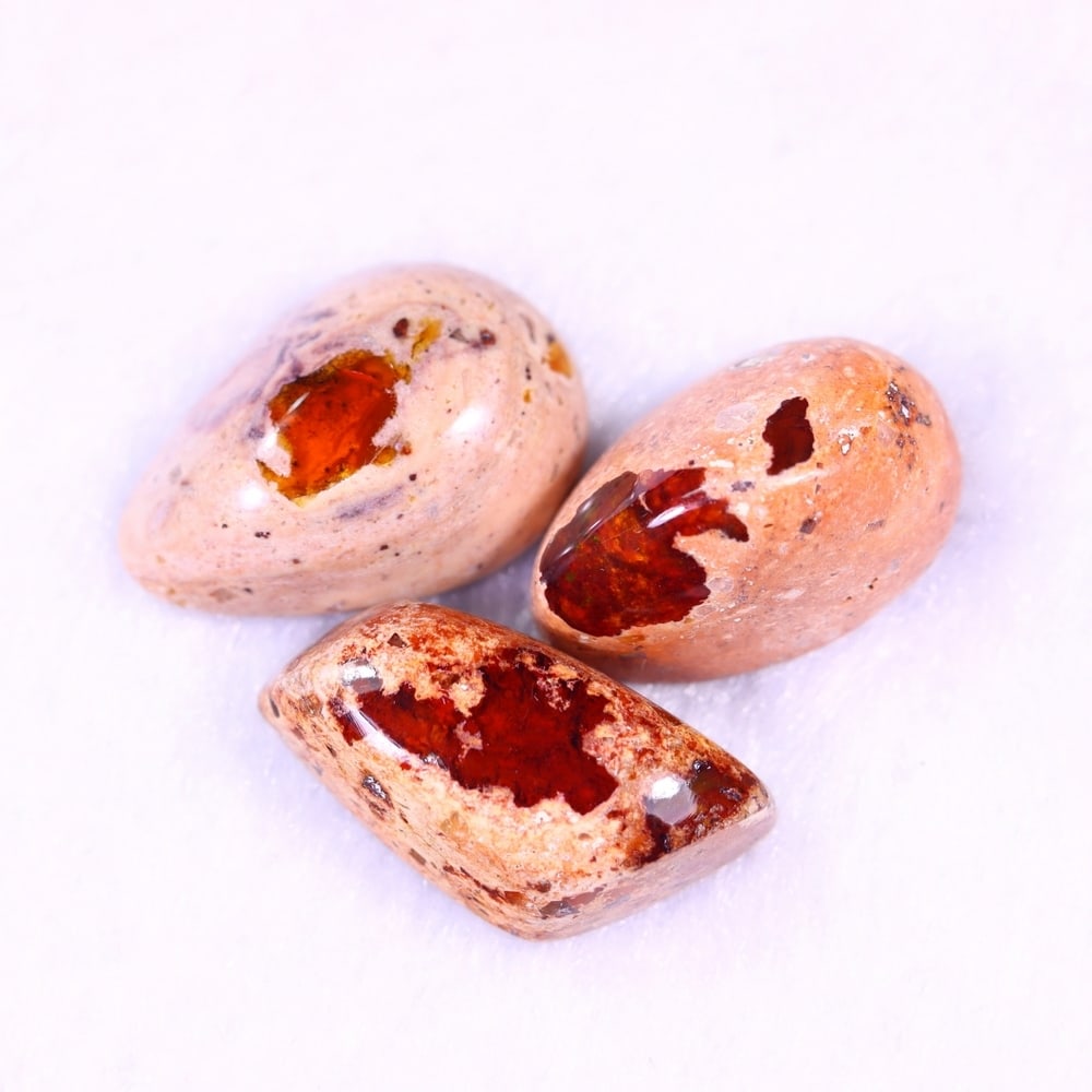 16.62Ct Group of 3 Mexican Fire Opal - Mexican Opal - Cabochon: Ksmith Jewels Global Welcome to our auction house, today auction brought to you by Ksmith Jewels Global based in Penang, Malaysia specialize in all kinds of opal and color gemstone both in manufacturi