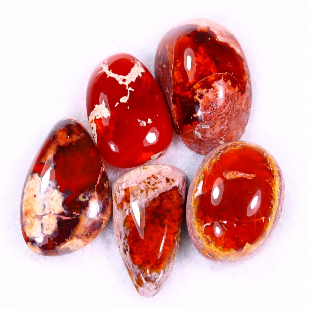 31.89Ct Group of 5 Mexican Fire Opal - Mexican Opal - Cabochon: Ksmith Jewels Global Welcome to our auction house, today auction brought to you by Ksmith Jewels Global based in Penang, Malaysia specialize in all kinds of opal and color gemstone both in manufacturi