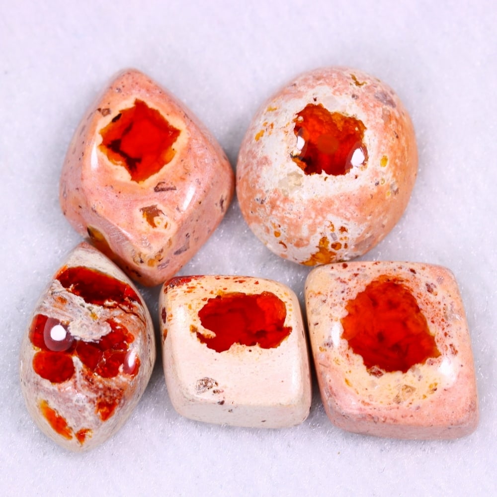 34.64Ct Group of 5 Mexican Fire Opal - Mexican Opal - Cabochon: Ksmith Jewels Global Welcome to our auction house, today auction brought to you by Ksmith Jewels Global based in Penang, Malaysia specialize in all kinds of opal and color gemstone both in manufacturi