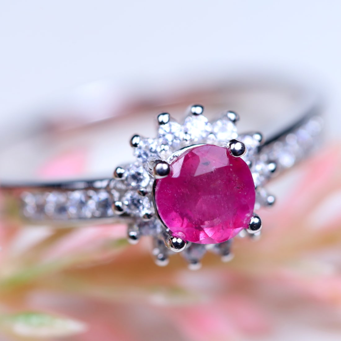 Total Weight 14.02Cts Natural Red Ruby & White Zircon Jewelry Ring 925 Silver Size 7.25 (OT7045) (1 of 2)