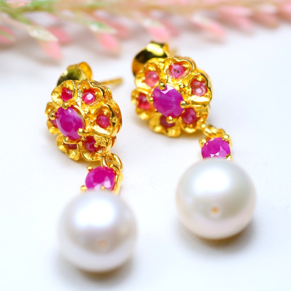 Total Weight 36.28Cts Natural White Pearl and Red Ruby Earrings 925 Sterling Silver (1 of 3)