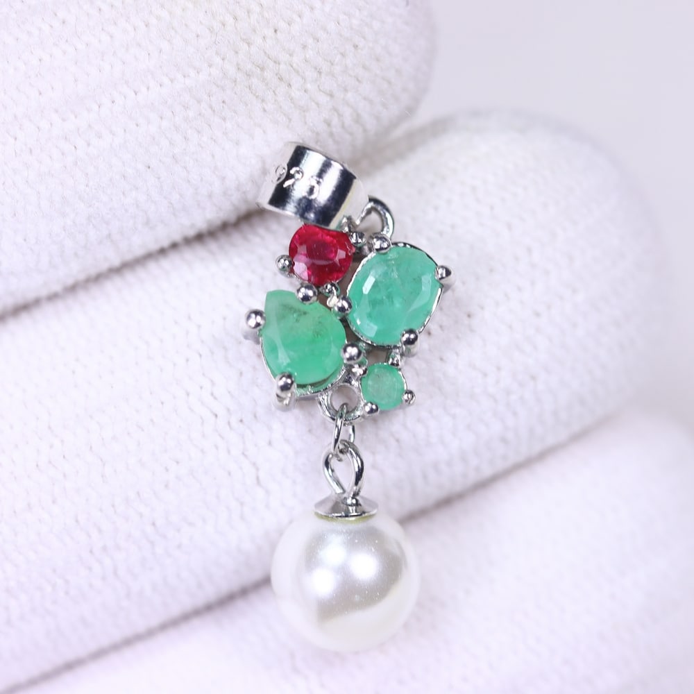 Pearl & Emerald Ruby Pendant - 925 Sterling Silver - Plated White Gold (1 of 3)