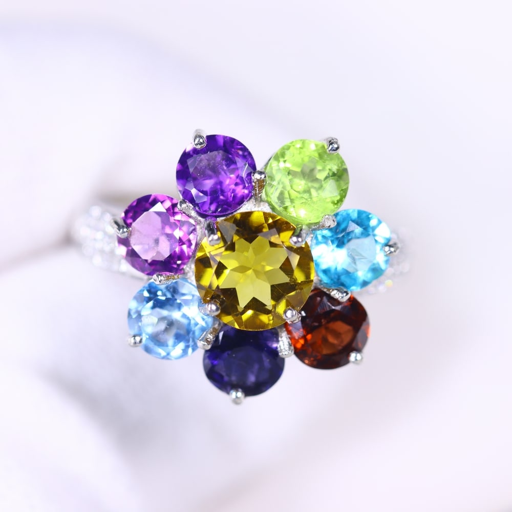 US7.5 Citrine & Multi Stone Ring - 925 Sterling Silver - Plated White Gold (1 of 5)