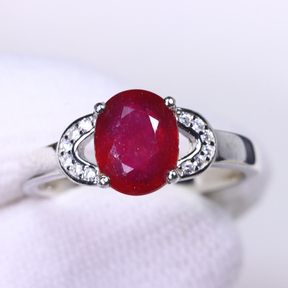 Ring US7.75 Ruby & Zircon - 925 Sterling Silver - Plated 14k White Gold (1 of 4)