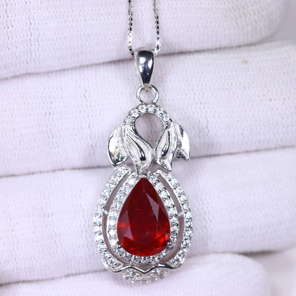 Ruby Necklace 18inches - 925 Sterling Silver - Plated White Gold (1 of 3)