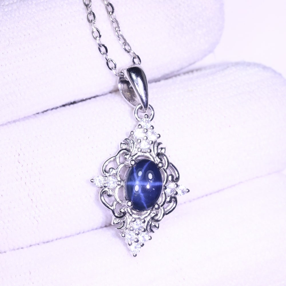6 Rays Star Sapphire Necklace - 925 Sterling Silver - Plated 14k White Gold (1 of 3)