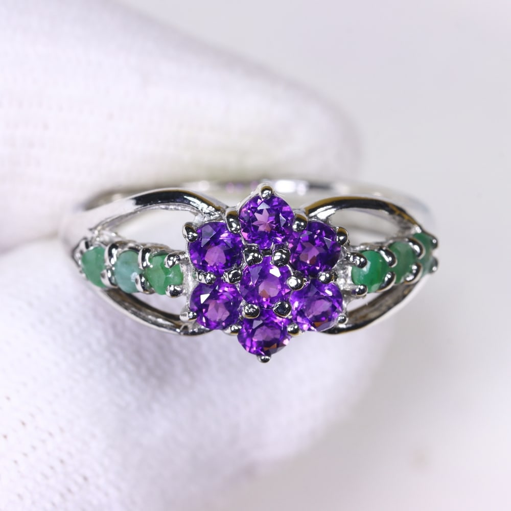 Ring US8.5 Amethyst & Emerald - 925 Sterling Silver - Plated 14k White Gold (1 of 4)
