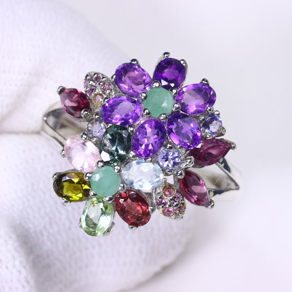 Ring US8 Multi Stones - 925 Sterling Silver - Plated 14k White Gold (1 of 4)