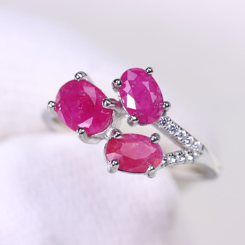 Ring US6.75 Ruby & Zircon - 925 Sterling Silver - Plated 14k White Gold (1 of 4)