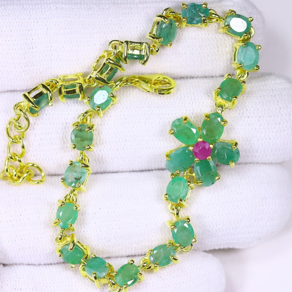 Emerald & Ruby Bracelet 7.5inches - 925 Sterling Silver - Plated Gold (1 of 3)