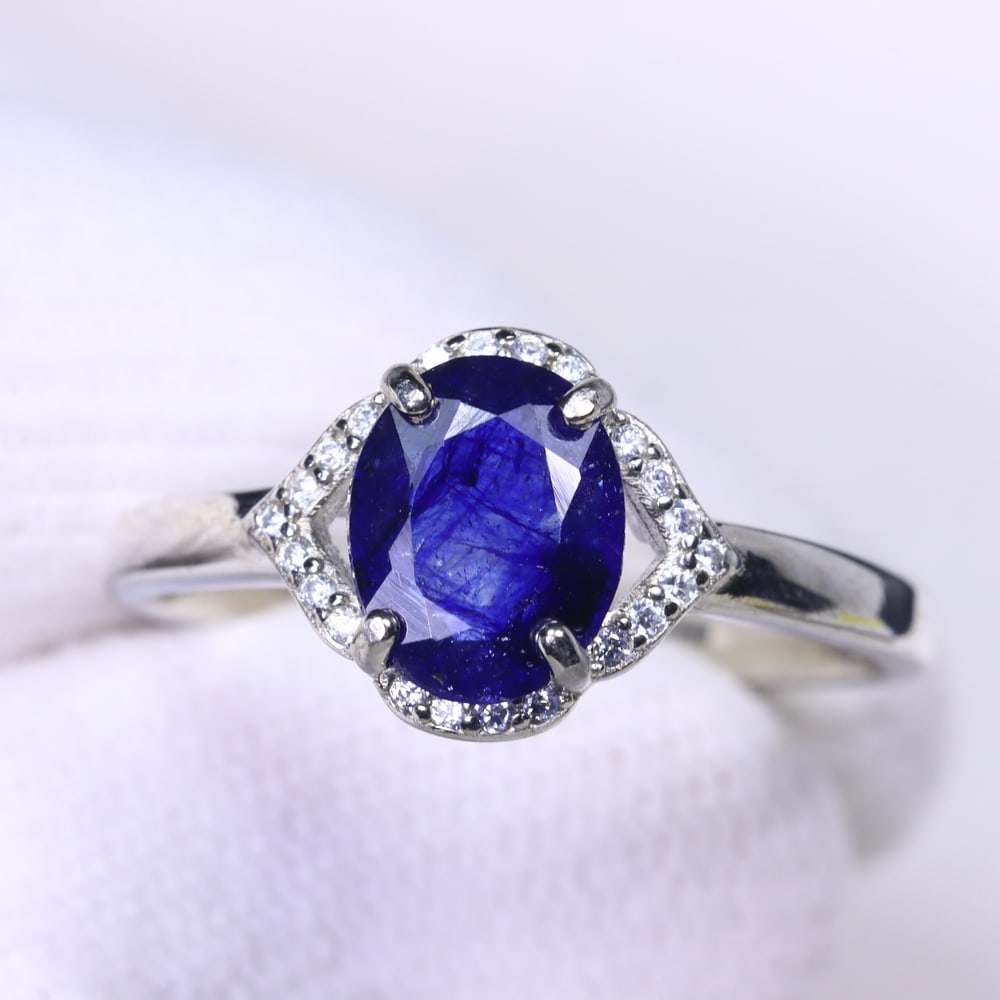 Ring US9 Sapphire & Zircon - 925 Sterling Silver - White Gold Plated (1 of 4)