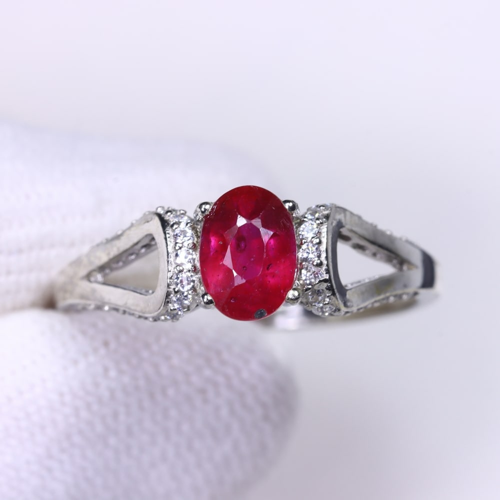 Ring US7.75 Ruby & Zircon - 925 Sterling Silver - Plated 14k White Gold (1 of 4)