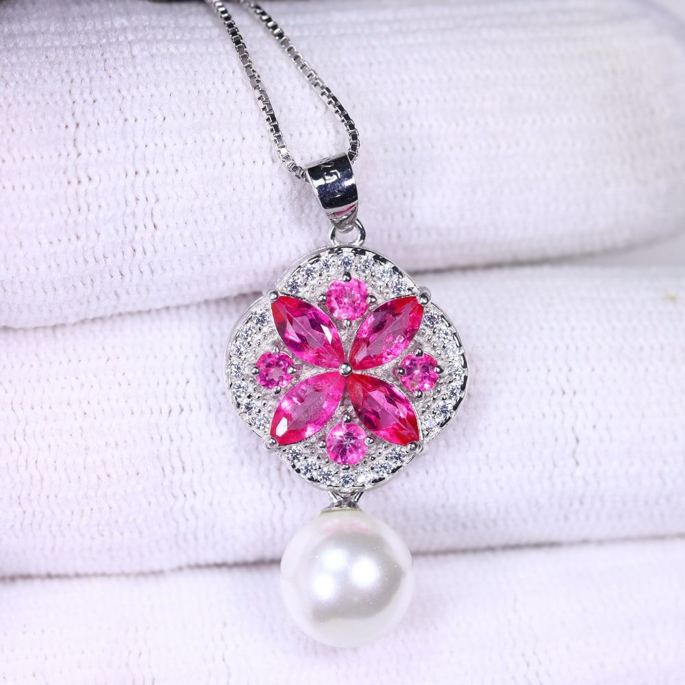 Pink Topaz & Pearl Necklace - 925 Sterling Silver - Plated White Gold: Ksmith Jewels Global Welcome to our auction house, today auction brought to you by Ksmith Jewels Global based in Penang, Malaysia specialize in all kinds of opal and color gemstone both in manufacturi