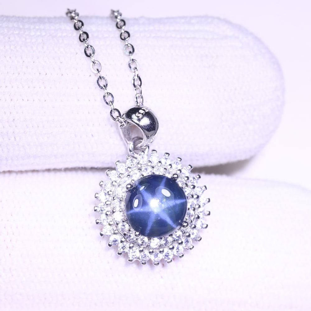 Necklace 6 Rays Blue Star Sapphire - 925 Sterling Silver  - Plated 14K White Gold (1 of 4)