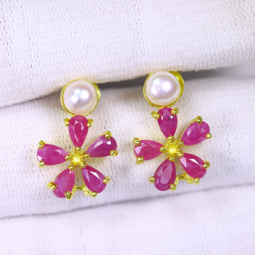 Pearl & Ruby Earrings - 925 Sterling Silver - Gold Plated (1 of 3)
