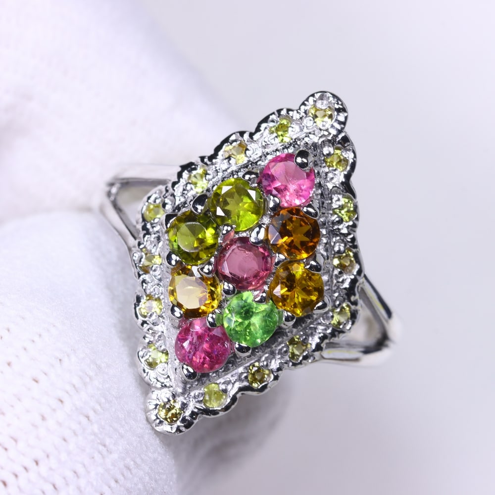 Ring US8 Tourmaline & Sapphire - 925 Sterling Silver - Plated 14k White Gold (1 of 4)