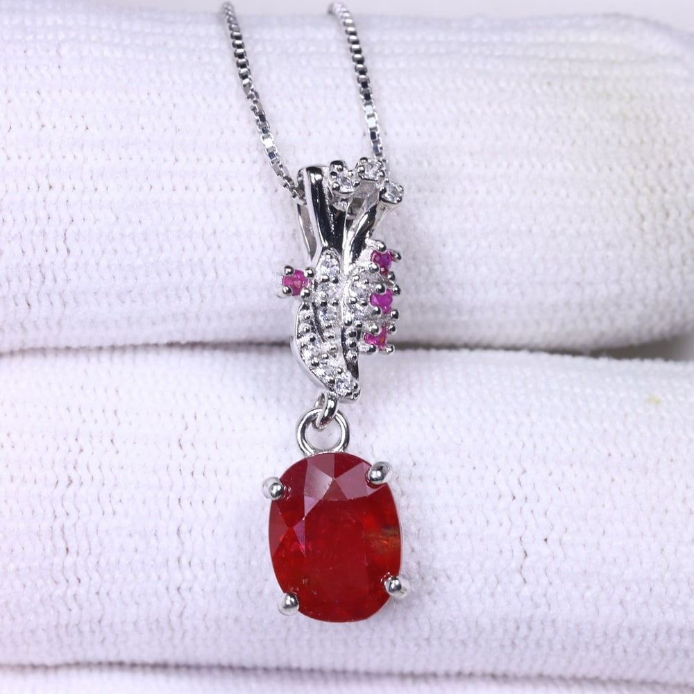 Ruby & White Topaz Necklace - 925 Sterling Silver - Plated 14k White Gold (1 of 3)