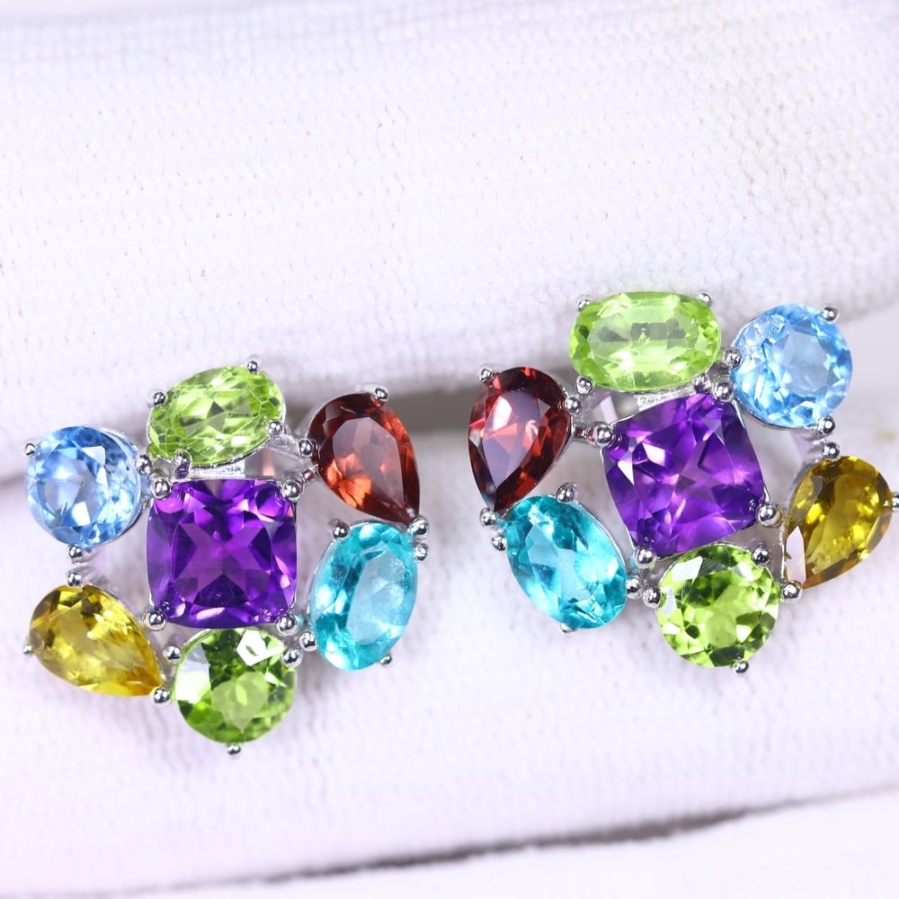 Amethyst & Multi Stone Earrings - 925 Sterling Silver - Plated White Gold (1 of 4)