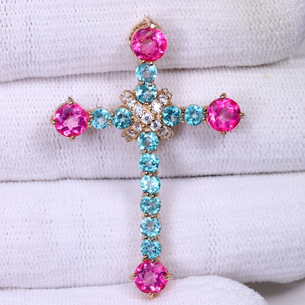 Pink Topaz & Paraiba Blue Topaz Pendant - 925 Sterling Silver - Plated 14k White Gold (1 of 3)