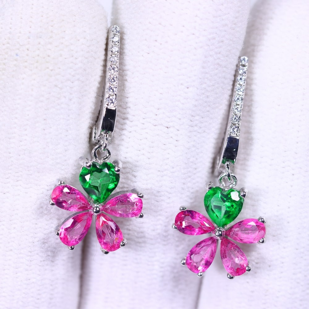 Earrings Pink and Green Topaz - 925 Sterling Silver  - Plated 14K White Gold (1 of 2)