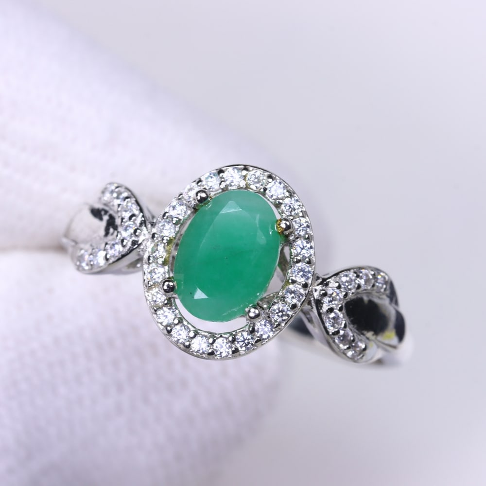 Ring US6.75 Emerald & Zircon - 925 Sterling Silver - White Gold Plated (1 of 4)