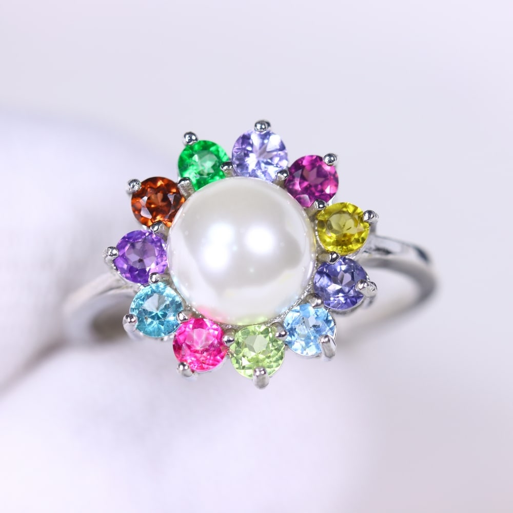 US9 Pearl & Multi Stone Ring - 925 Sterling Silver - Plated White Gold (1 of 4)