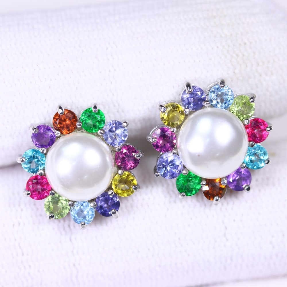 Pearl & Multi Stone Earrings - 925 Sterling Silver - Plated White Gold (1 of 3)